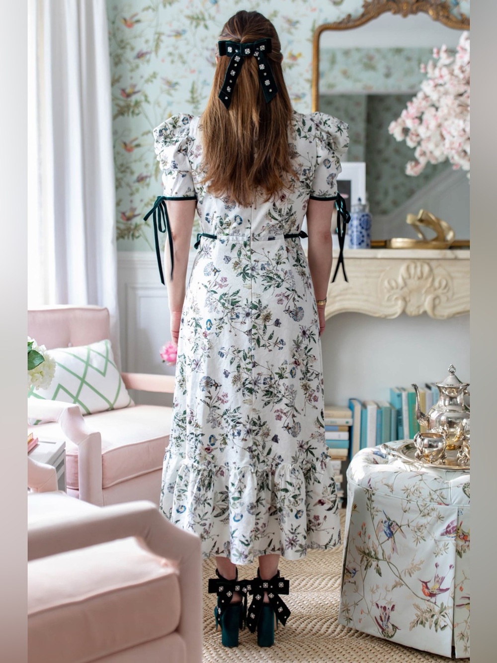 ANTONIO MELANI X Nicola Bathie Floral Puff-Sleeve Midi Dress with Green Bow Ties - Picture 2 of 5